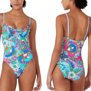NWT Kate Spade New York Tie Front One Piece Swimsuit Blue Paisley Small S